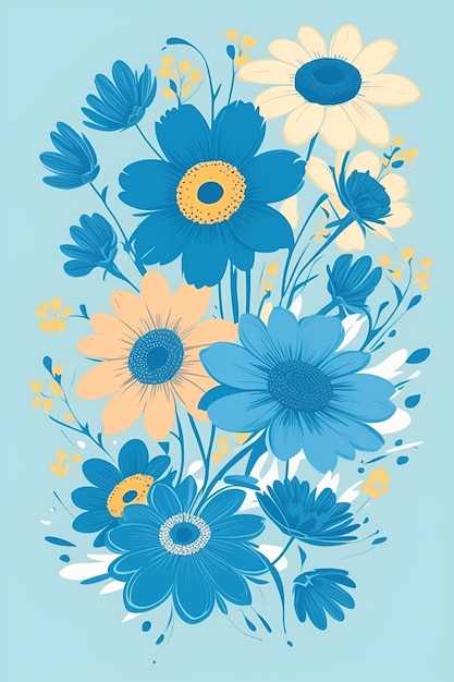 Mooie bloemen illustratie verticale compositie in blauwe toon