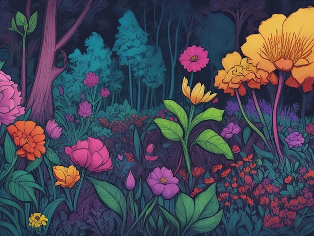 Mooie bloemen in het bos cartoon illustratie