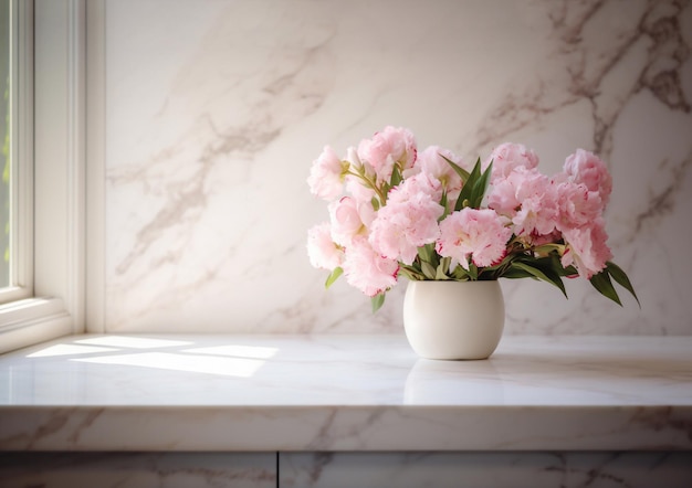 Mooie bloemen in vaas op vensterbank in keuken