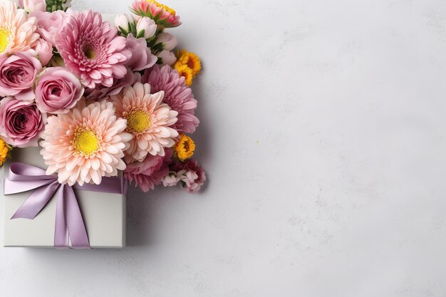 Mooie bloemen met geschenkdoos en copyspace Generatieve AI