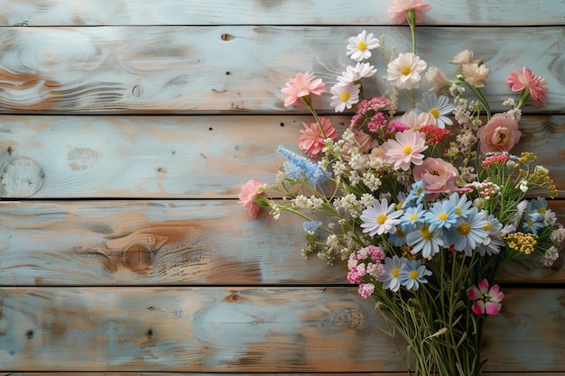 Foto mooie bloemen op houten achtergrond