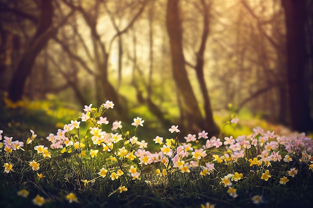 Mooie bloemen op weide met wazig bos