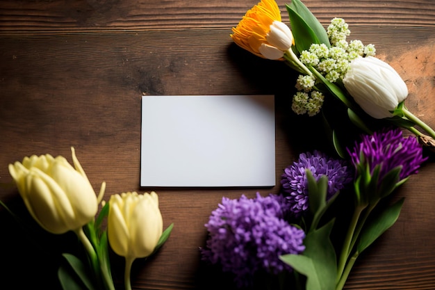 Mooie bloemen papieren kaart met cadeaubon op houten achtergrond Generatieve AI