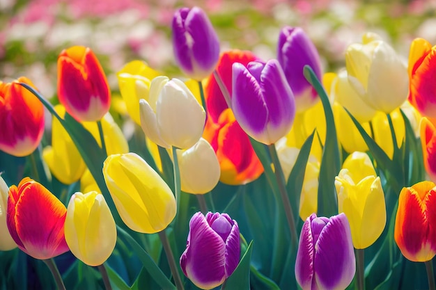 Foto mooie bloemen veelkleurige tulpen in de lente open plek gemaakt met generatieve ai