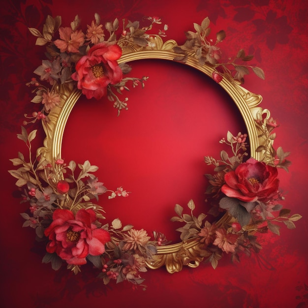 Mooie bloemenkrans rode bloem met gouden cirkel frame afbeelding AI Gegenereerde kunst