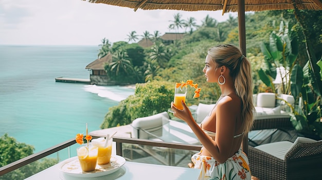 Mooie blonde aantrekkelijke vrouw cocktail drinken in Bali met uitzicht op zee