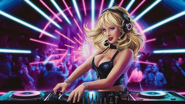 Mooie blonde DJ meisje op het dek van het feest