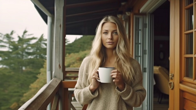 Mooie blonde langharige vrouw Generatieve AI die buiten de cabine staat met een koffiekopje