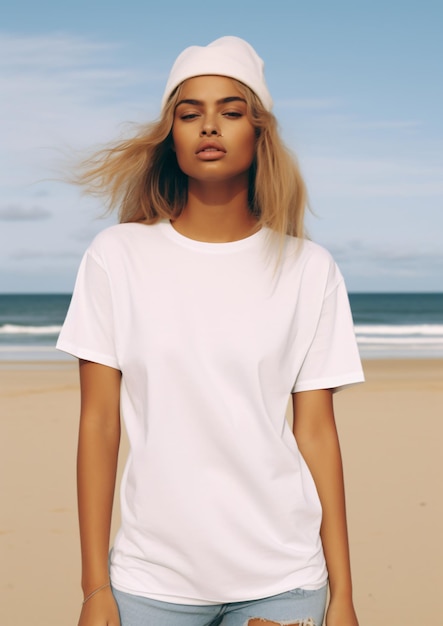 Mooie blonde surfervrouw die lege witte T-shirt draagt op het strand witte T-shirt mock up
