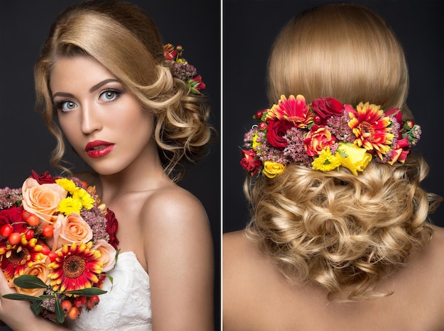 Mooie blonde vrouw in beeld van de bruid met bloemen Schoonheidsgezicht en Kapsel