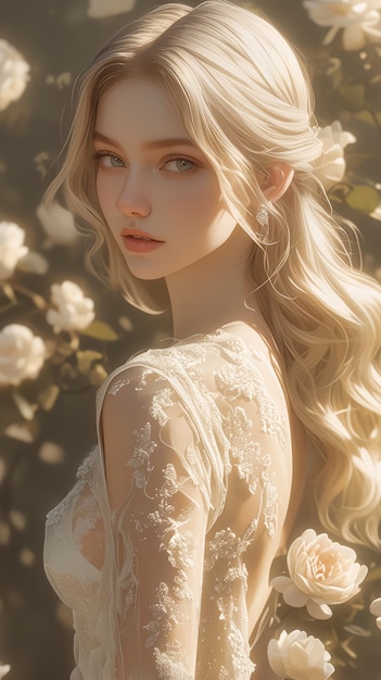 mooie blonde vrouw in een witte jurk die poseert in de rozentuin