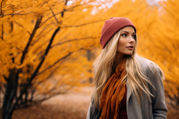 mooie blonde vrouw in herfstbos met sinaasappelbomen