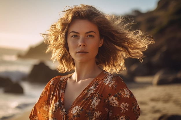 Mooie blonde vrouw met golvend haar op het strand Generatieve AI