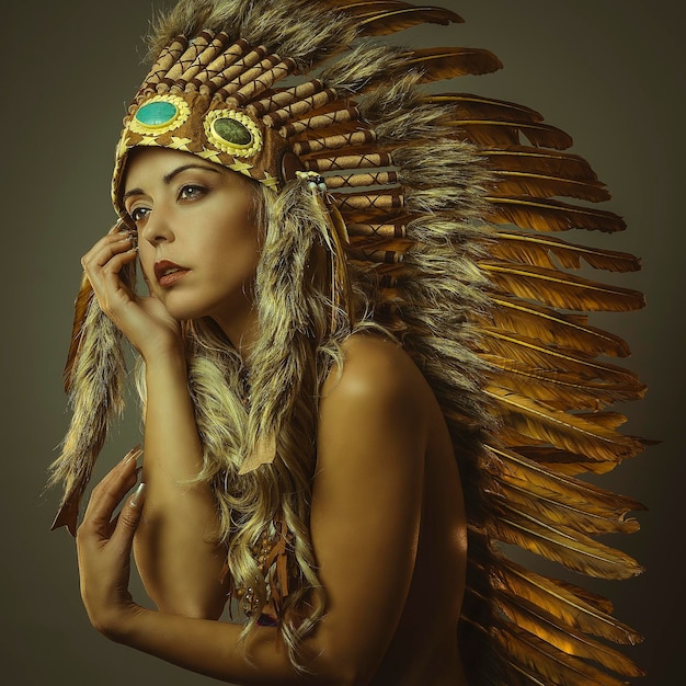 mooie blonde vrouw met Indiase veerpluim op haar hoofd, wordt gevormd door bruine veren