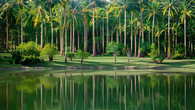 Mooie bomen en een meer in de rubberplantage in Kerala, India