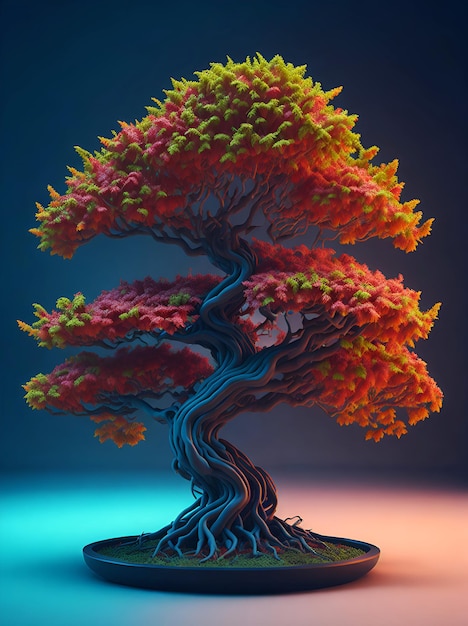 Mooie bonsaiboom in houten pot op gekleurde achtergrond gemaakt met generatieve AI-technologie