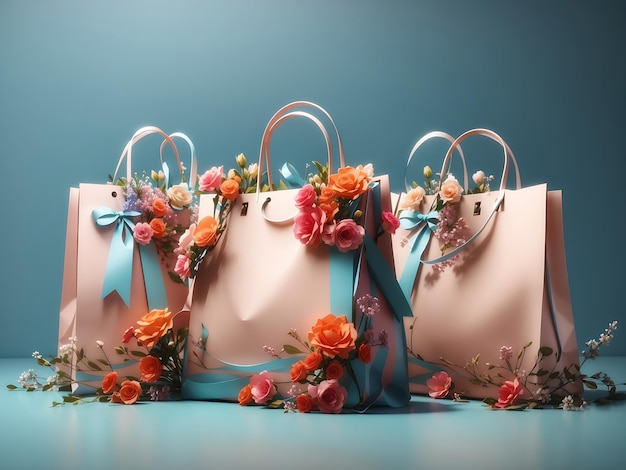 mooie boodschappentassen versierd met bloemen en linten met kopieerruimte klaar als banner of ontwerp