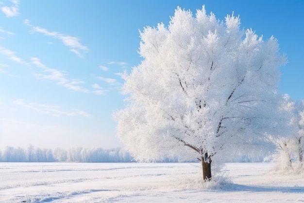 Mooie boom bedekt met sneeuw op een winterdag Ruimte voor tekst