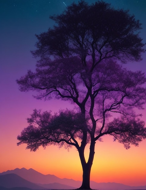 Mooie boom bij zonsondergang tegen de achtergrond van de kosmische hemel