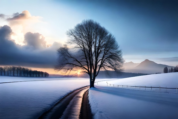 mooie boom in het winterlandschap in de late avond in sneeuwval digitale kunst illustratie schilderij