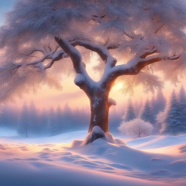 mooie boom in het winterlandschap in de late avond in sneeuwval digitale kunstillustratie