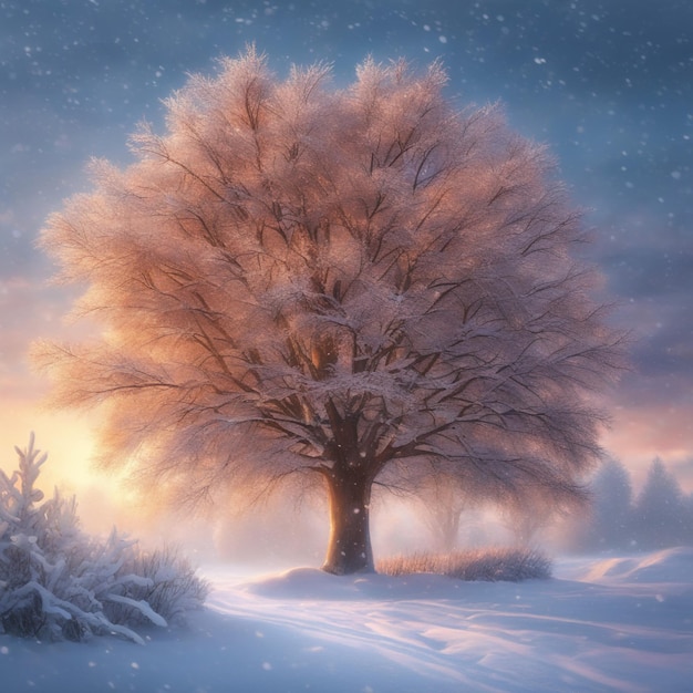 mooie boom in het winterlandschap in de late avond in sneeuwval digitale kunstillustratie