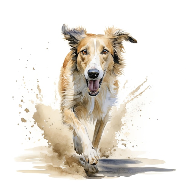 Mooie Borzoi hond die loopt met haar dat in de wind zwaait Waterverf illustratie op wit