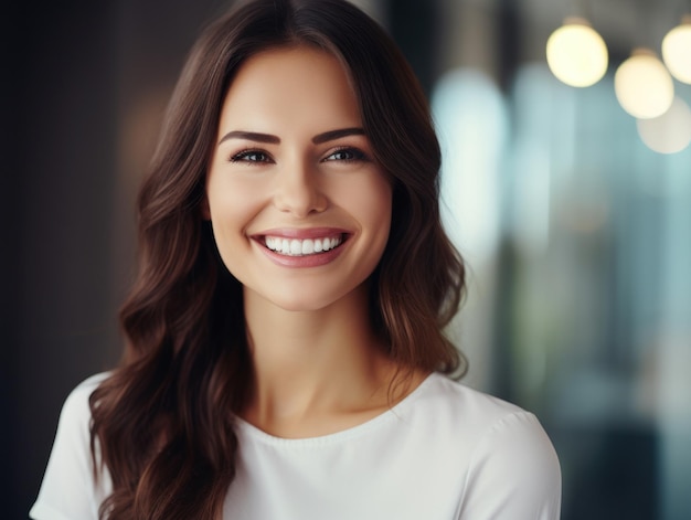 Mooie brede glimlach van gezonde vrouw witte tanden close-up