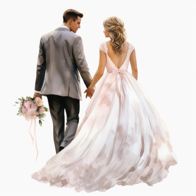 Mooie bruid en bruidegom in trouwjurk Aquarel schilderij