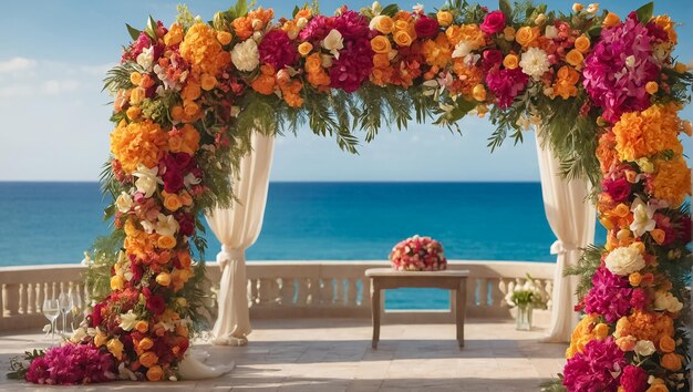 Foto mooie bruiloftsboog met bloemen tegen de achtergrond van de zee