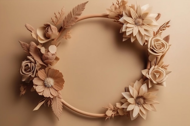 Mooie bruine achtergrond met bloemen en kopie ruimte Lege ruimte voor tekst Frame beige achtergrond Generatieve AI