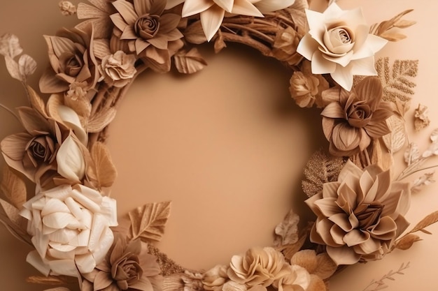 Mooie bruine achtergrond met bloemen en kopie ruimte Lege ruimte voor tekst Frame beige achtergrond Generatieve AI