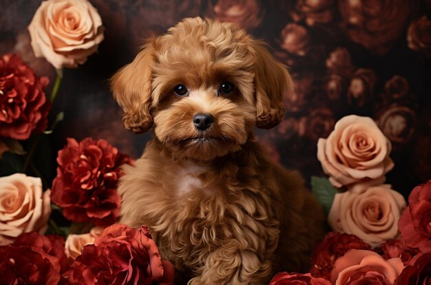 Mooie bruine multipoo puppy poseert bij een fotoshoot met bloemen Postkaart voor 8 maart