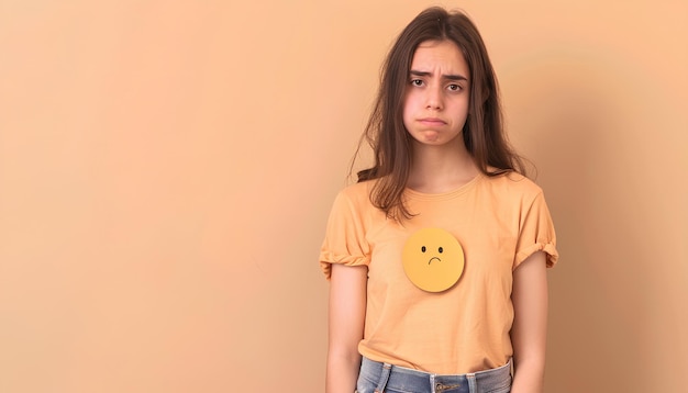 Foto mooie brunette jonge vrouw met een verdrietig gezicht verdrietige uitdrukking verdrietige emotie wanhoop verdriet