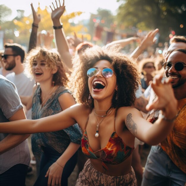 Foto mooie brunette latijnse vrouw die met vrienden danst een biodiversiteit en etnisch evenement op straat