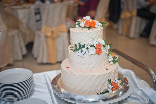 Mooie cake met drie lagen gedecoreerd met kleurrijke bloemen 2136