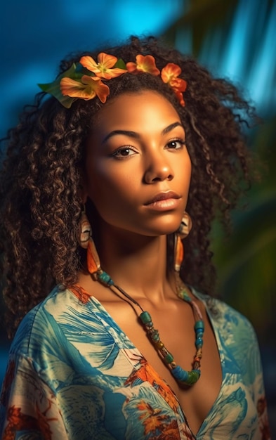 Mooie Caribische vrouw met kleurrijke jurk in tropisch landschap