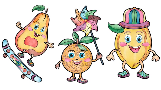 Mooie cartoon fruit stickers voor kinderen peer citroen sinaasappel