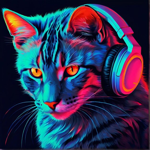 Mooie Cat Head wear Headphone TShirt Design poster sjabloon kleurrijke afbeelding illustratie Ai gegenereerde kunst