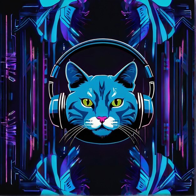 Mooie Cat Head wear Headphone TShirt Design poster sjabloon kleurrijke afbeelding illustratie Ai gegenereerde kunst