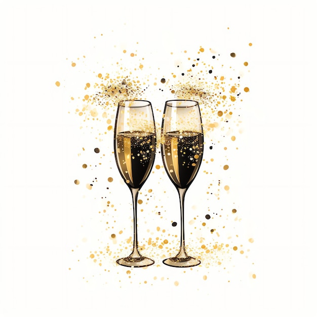 Foto mooie champagneglazen met een gouden achtergrond aquarel voor viering nieuwjaar clipart