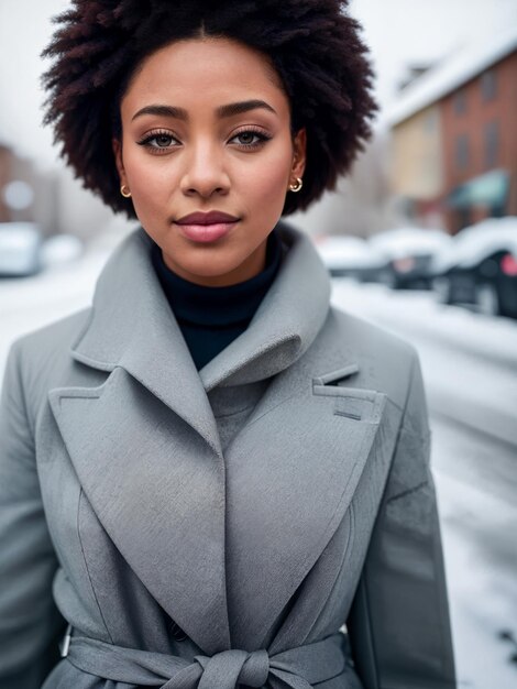 Foto mooie charmante zwarte vrouw in lichte winterjaswinter sneeuw stedelijke straat digitale creatieve ontwerper mode kunstai illustratie