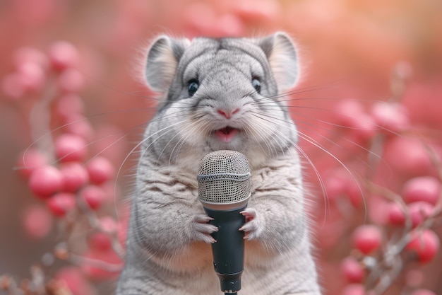 Mooie chinchilla met een microfoon in zijn poten extreme close-up Generatieve AI