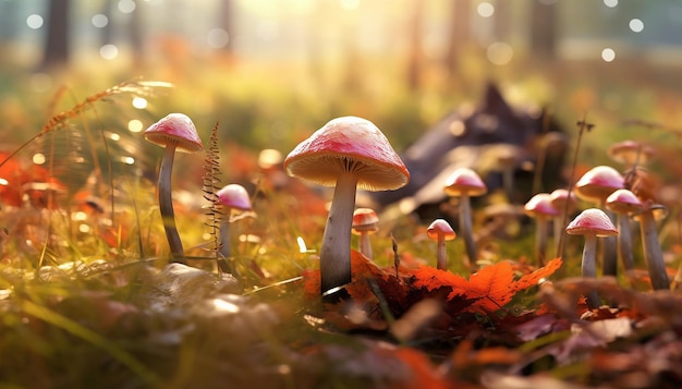 Mooie close-up van bospaddenstoelen in het gras in het herfstseizoen kleine verse paddenstoelen groeien in de herfst