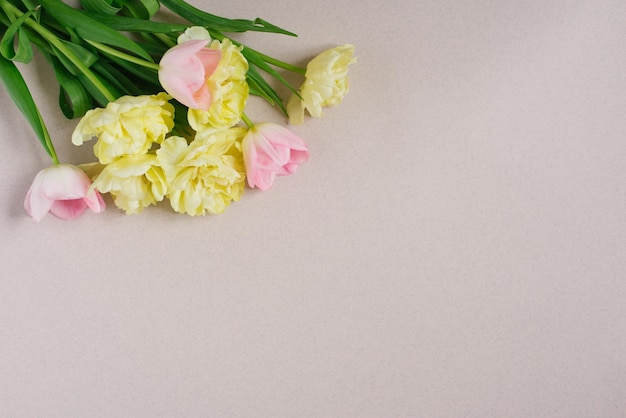 Mooie compositie van lentebloemen Boeket van roze en gele tulpen op pastelbeige achtergrond