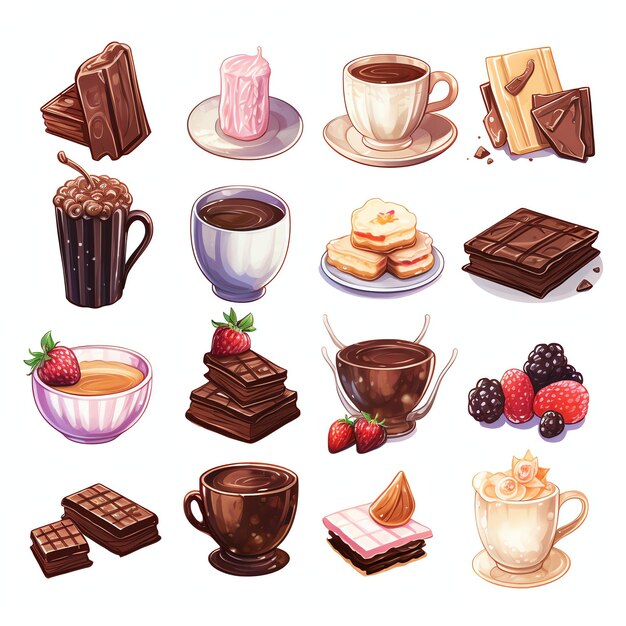 Mooie cottagecore digitale stickers met chocoladethema aquarel clipart illustratie