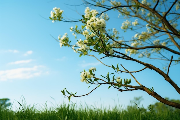 Mooie dag Groene boom gedetailleerde takken witte bloemen en blauwe lucht