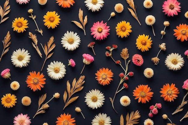 Foto mooie decoratie schattige kleine gedroogde kleurrijke bloemen op donkerzwart behang
