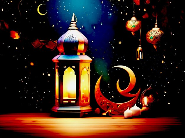 Foto mooie decoratieve islamitische ramadan kareem festival groet met lamp en maan achtergrond eid mub