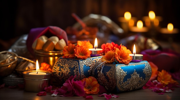 Mooie diwali diya's met cadeau en bloemen Fijne Diwali